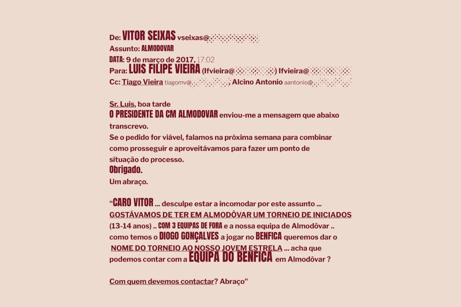 Email de Vítor Seixas destinado a Luís Filipe Vieira, reencaminhando uma mensagem de António Bota