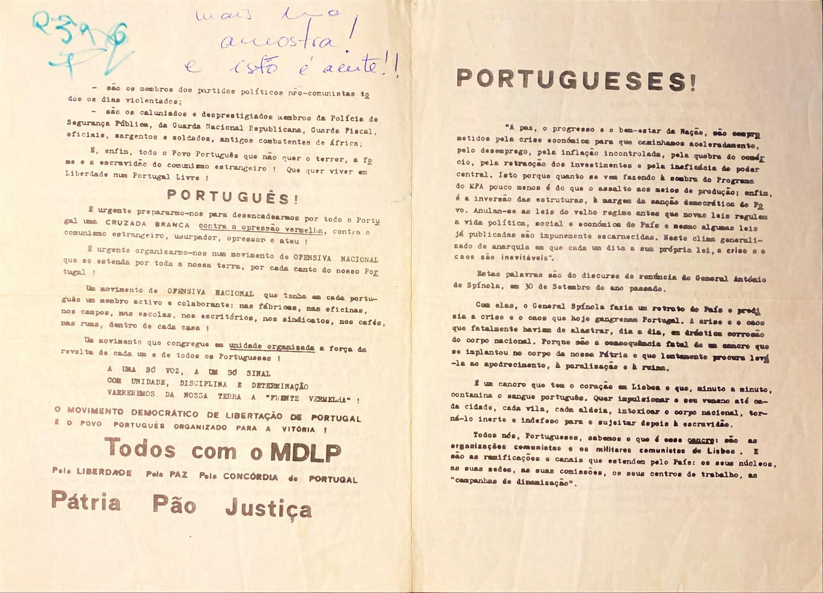 Panfleto do MDLP com a análise de Spínola sobre a economia portuguesa