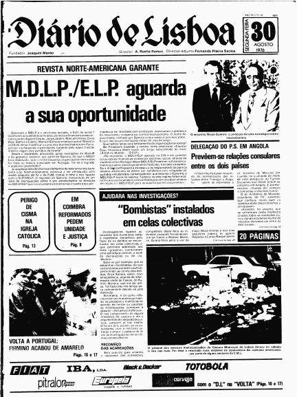 Capa do Diário de Lisboa, publicada a 30 de agosto  de 1976