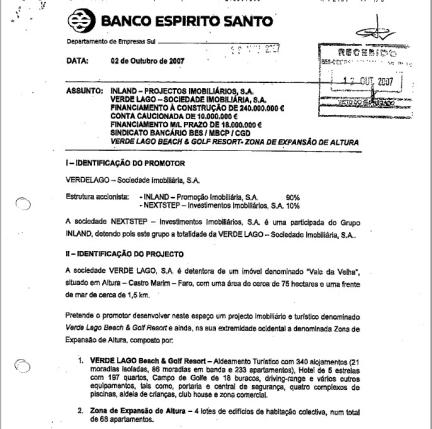 Documento do Departamento de Empresas Sul do BES