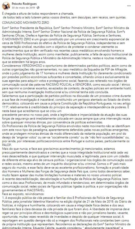 Peixoto Rodrigues partilha o primeiro comunicado do Movimento Zero.