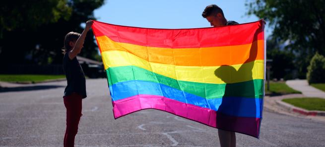 jovens seguram bandeira lgbtqia+